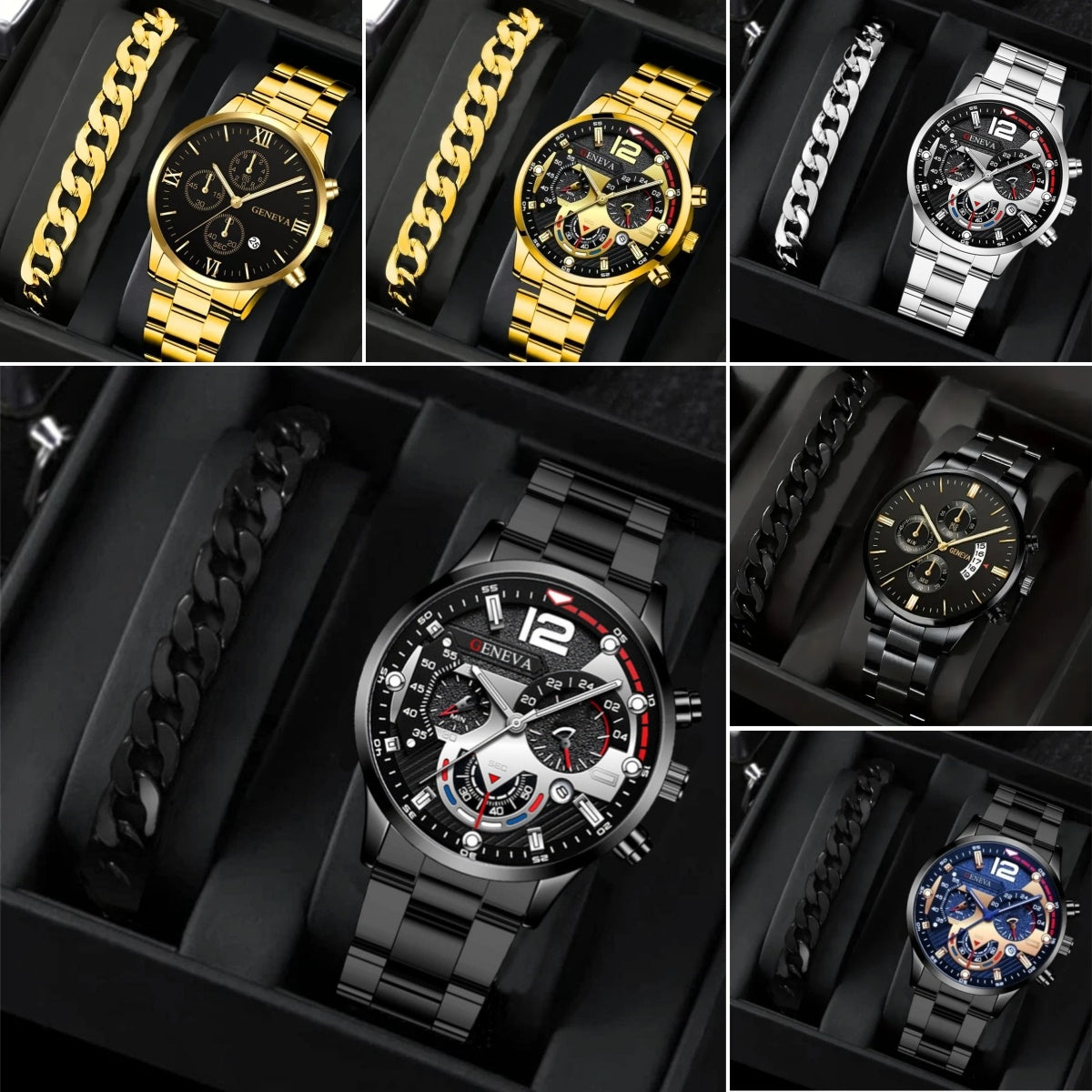 2pcs Men's New Popular Steel Strip Fashion Business Three Eye Quartz Watch Bracelet Set Valentine's Day Gifts